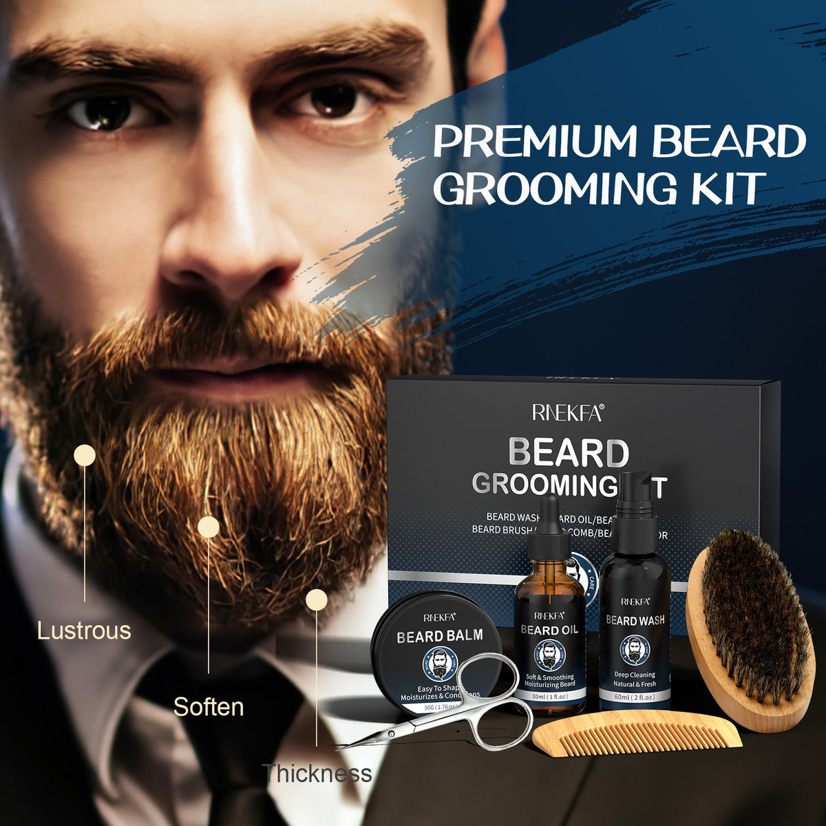 Kit grooming barbe — huile, baume et accessoires
