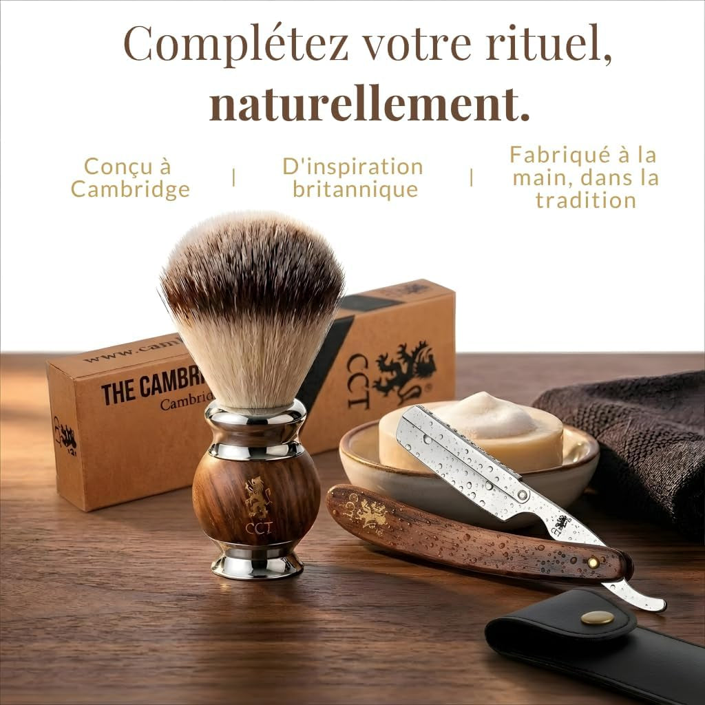 The Cambridge Cut Throat Blaireau Rasage De Haute Qualité Pour Hommes En Bois Et Acier Inoxydable, Poils Végétaliens Synthétiques