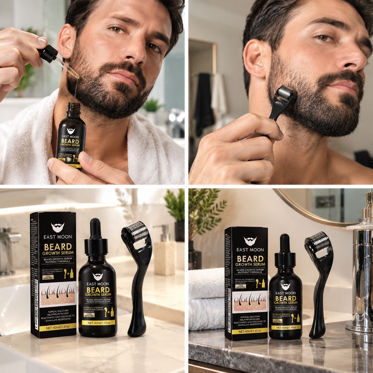 Kit Sérum Croissance Barbe + Derma Roller 0.2mm — Biotin & Romarin