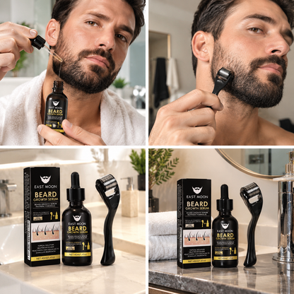 Kit Sérum Croissance Barbe + Derma Roller 0.2mm — Biotin & Romarin